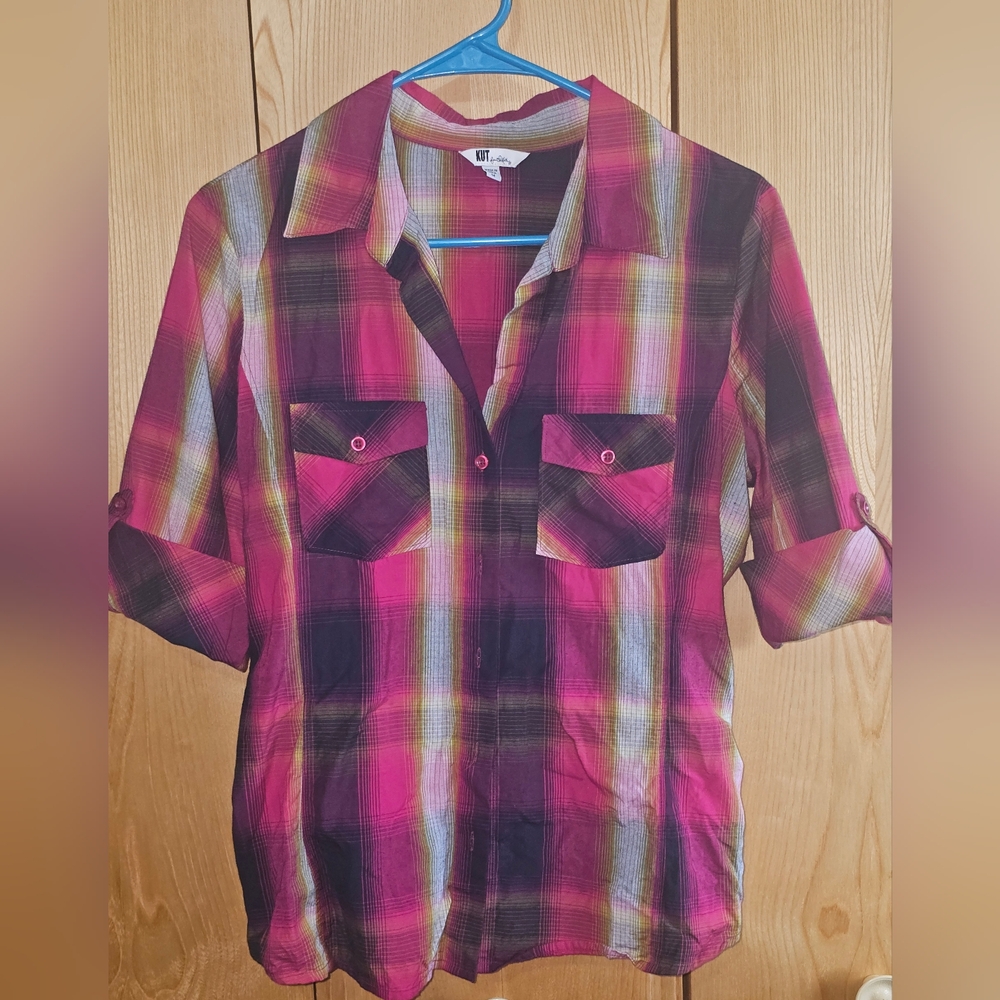 Kut From The Cloth Plaid Button-up Quarter Sleeve Shirt